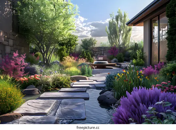 landscaping and garden design with a modern house in the background