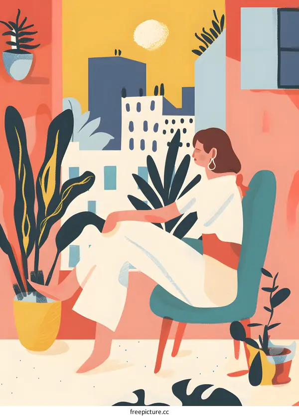 Woman Sitting in a Chair by a Window, Looking Out at the City