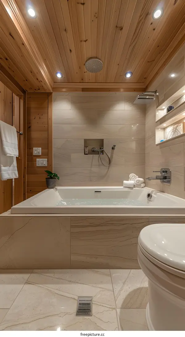 Modern Bathroom with Wood Ceiling and Bathtub