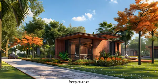 Courtyard house with modern glass windows surrounded by trees and plants