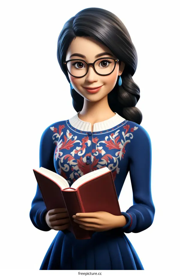 Young Woman Reading a Book with Glasses