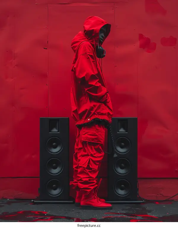 Black man in red outfit standing between two speakers
