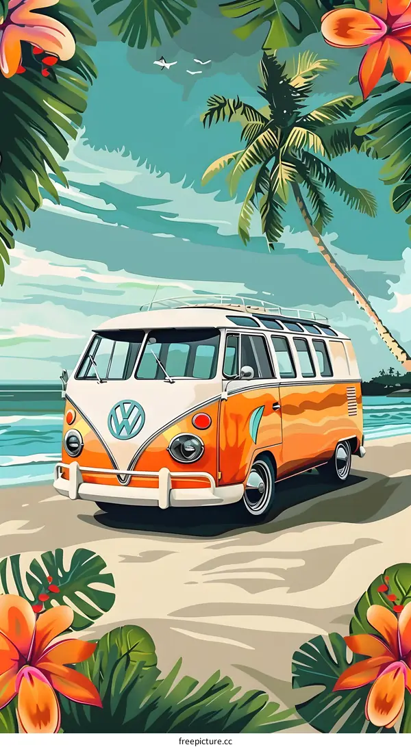 Tropical Beach Scene with a Vintage Van