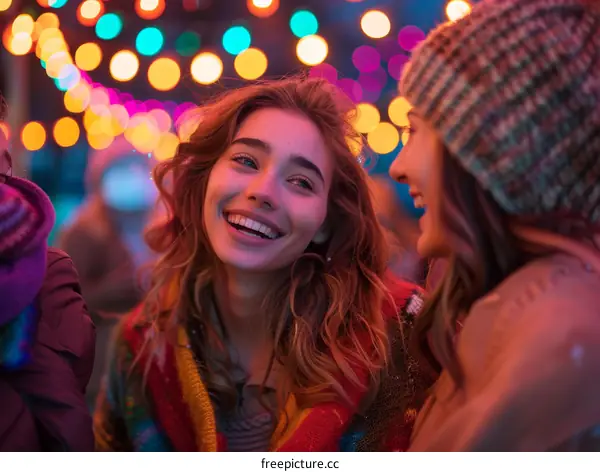 Three young women are talking and laughing at a party with bokeh lights in the background