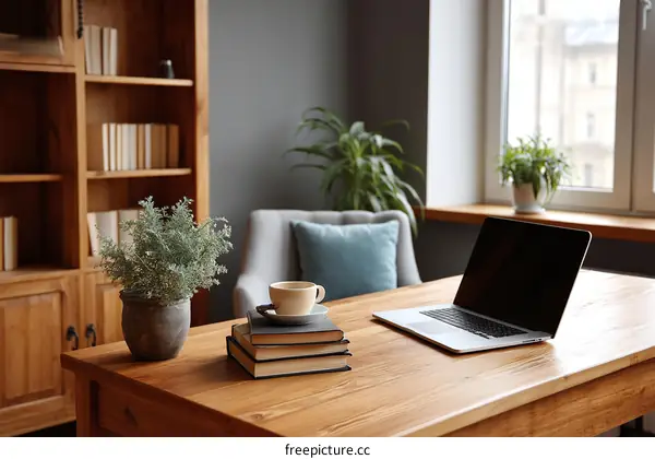 Cozy Home Office with Books and Laptop