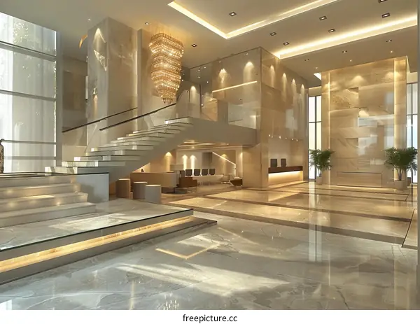 Modern office interior with marble floor and staircase
