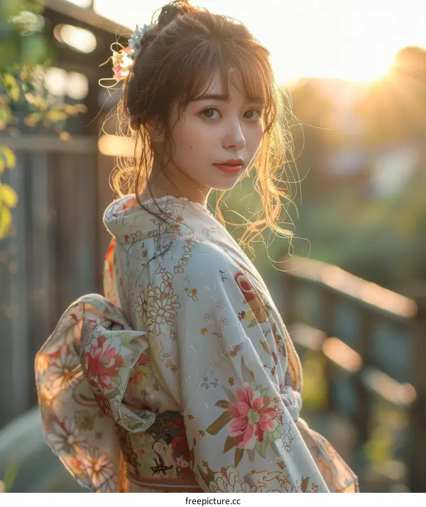 Asian Woman in Traditional Kimono at Sunset