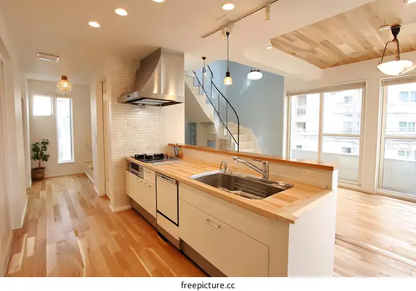 Modern Japanese Kitchen with Hardwood Floors