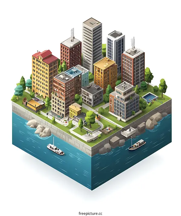 Isometric Illustration of a Cityscape with Buildings and Boats