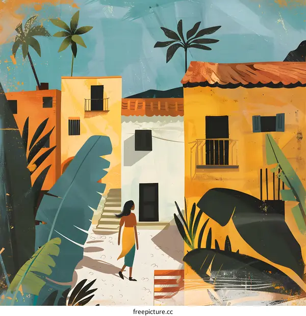 Woman Walking Through Tropical Village