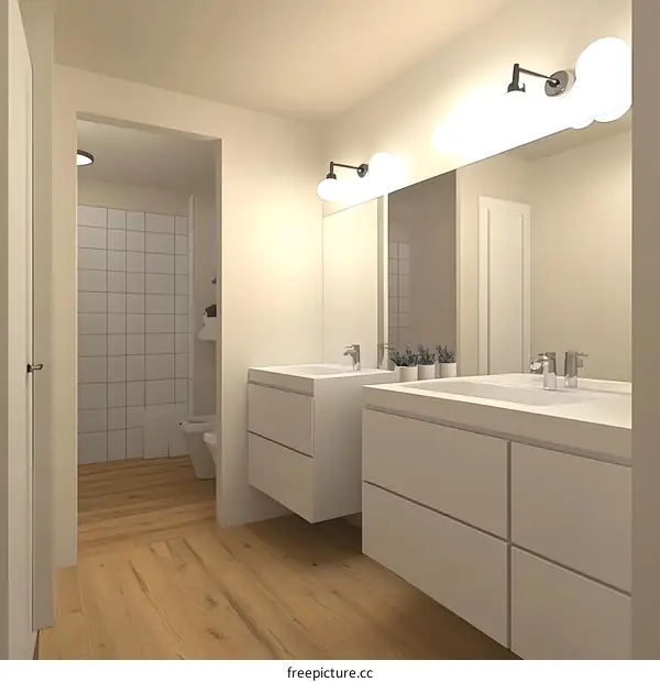 Modern Bathroom Design with Double Sinks and White Cabinets