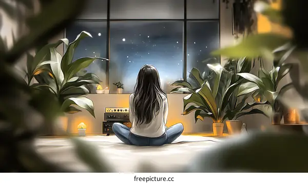 A Woman Contemplating the Night Sky at Home