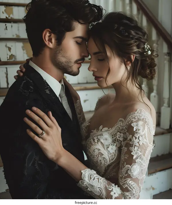 A handsome blond man and a beautiful woman with brown hair are standing on a staircase and looking at each other passionately