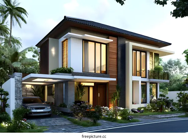 Modern Two Story House Design with Carport and Tropical Garden