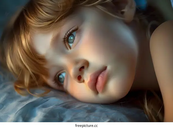 Portrait of a beautiful child with blonde hair and blue eyes