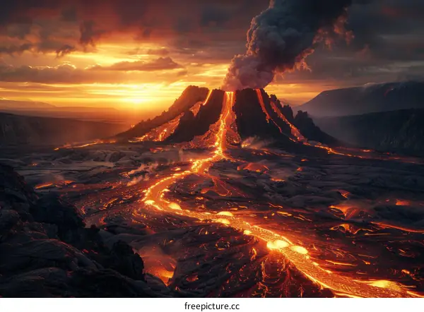 Volcanic Eruption: Lava Flowing Down a Mountainside