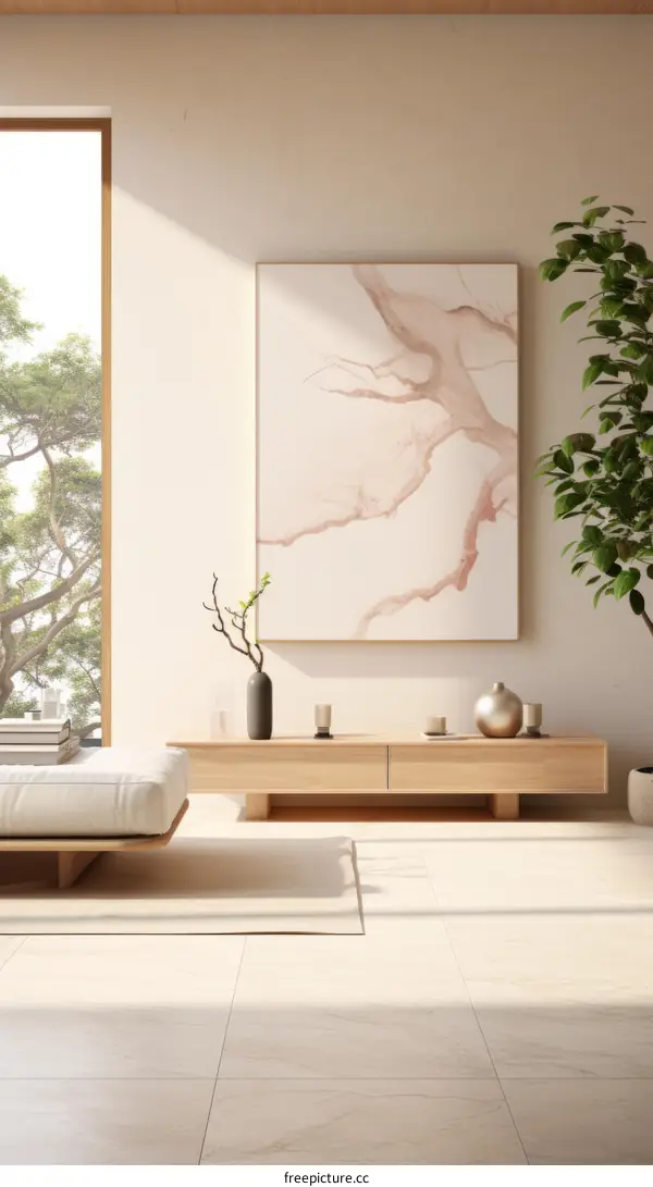 Japanese style room with a large painting of a tree branch