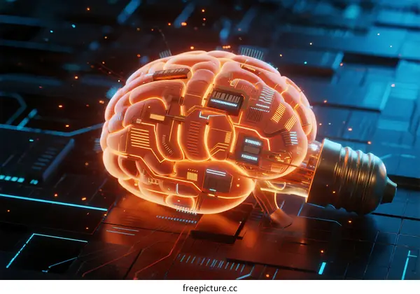 Futuristic Neural Network Brain with Circuit Patterns and Light Bulb
