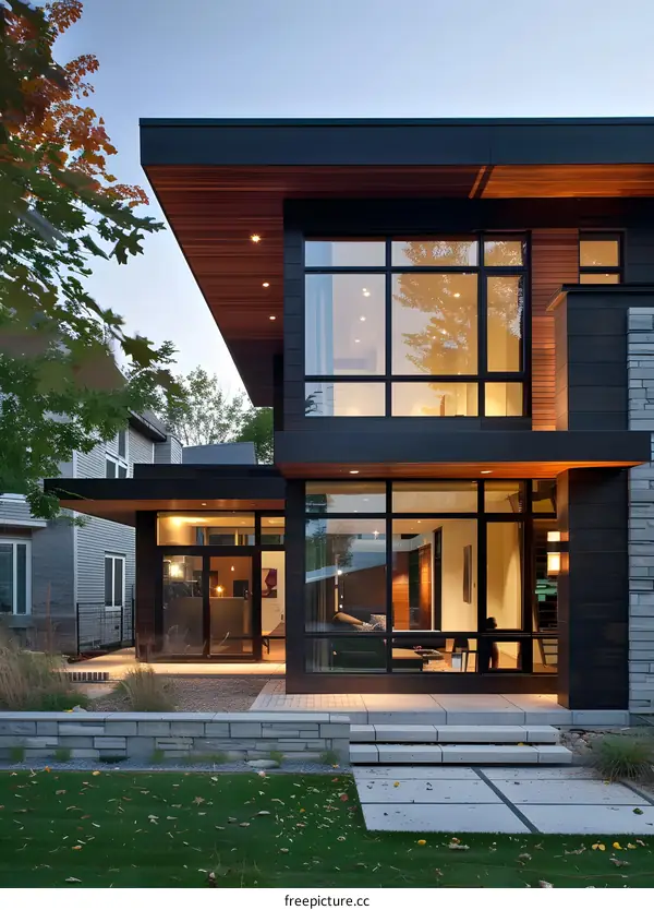 Modern House with Large Windows and Stone Walls