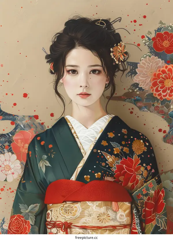 Portrait of a young woman in a kimono