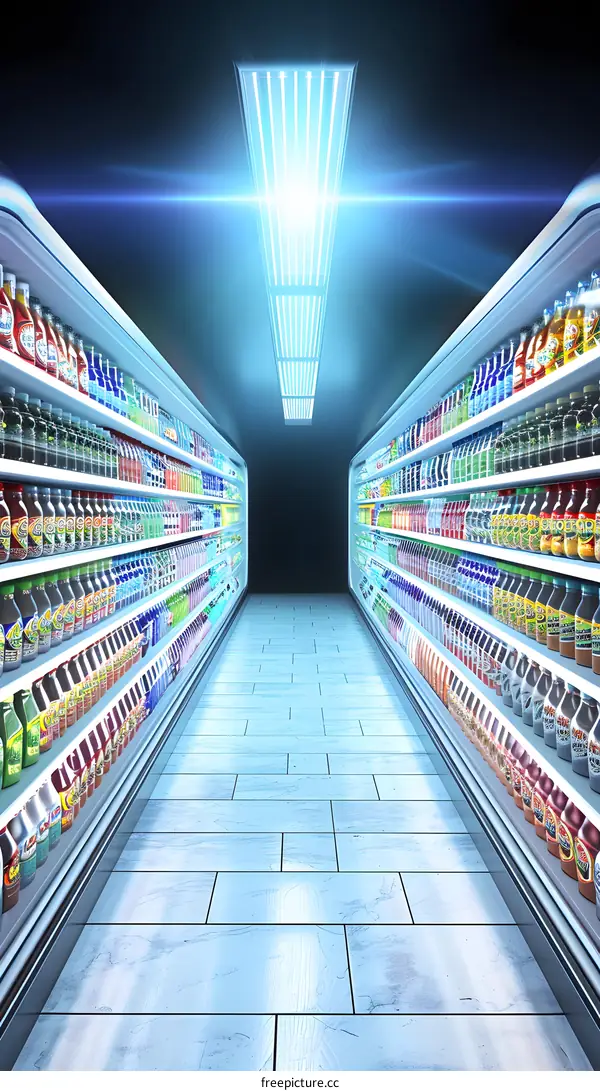 Empty Supermarket Aisle with Bright Lights