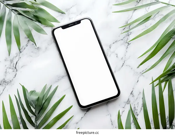 Mockup of a Smartphone with White Screen on Marble Background with Palm Leaves