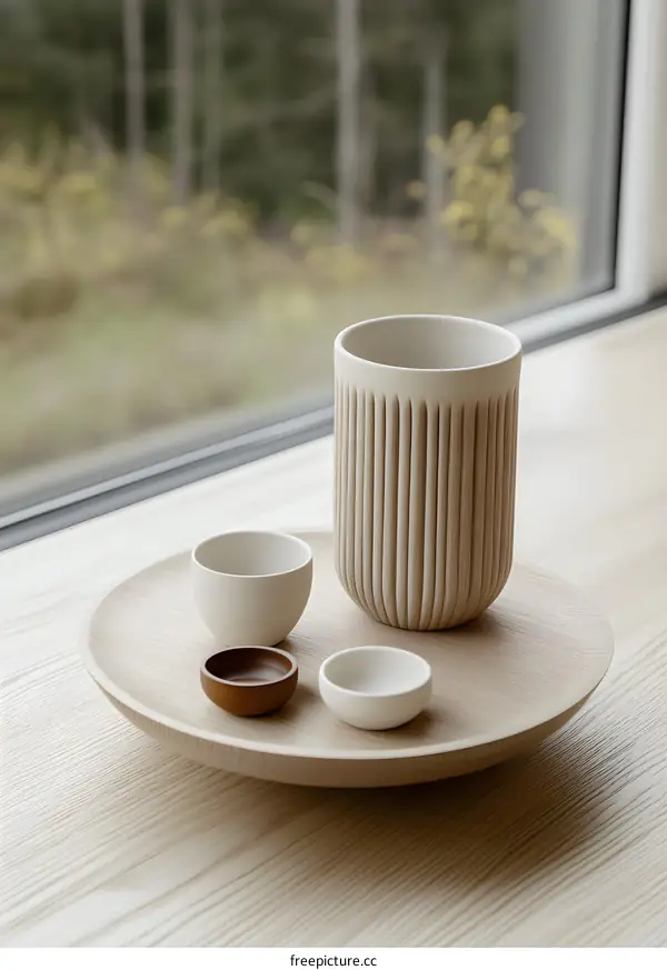 Wooden Tray with Cups and Bowls in Minimalist Style