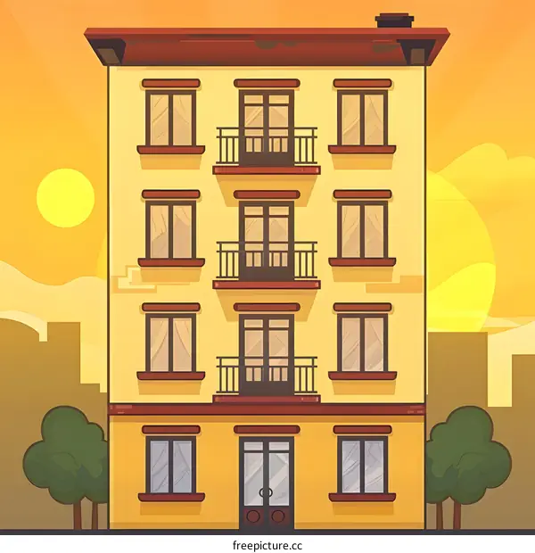 Yellow Building With Balconies at Sunset