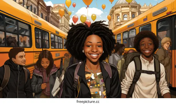 A group of diverse students smiling and walking in front of a row of school buses