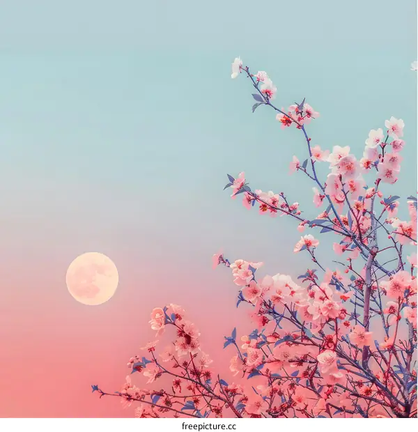 Pink Flowers and Full Moon in the Sky