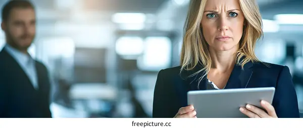 Businesswoman with Serious Expression Looking at Tablet in Office