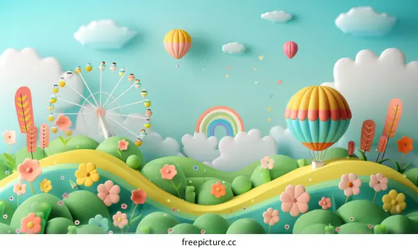 Whimsical 3D illustration of a colorful landscape with rolling hills, a rainbow, hot air balloons, a Ferris wheel, and various flowers and plants