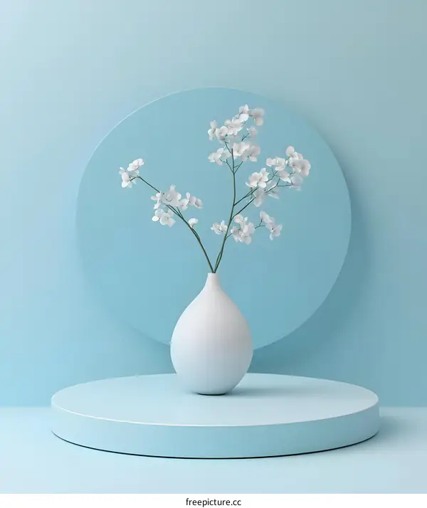 White Flowers in a Vase on a Blue Platform