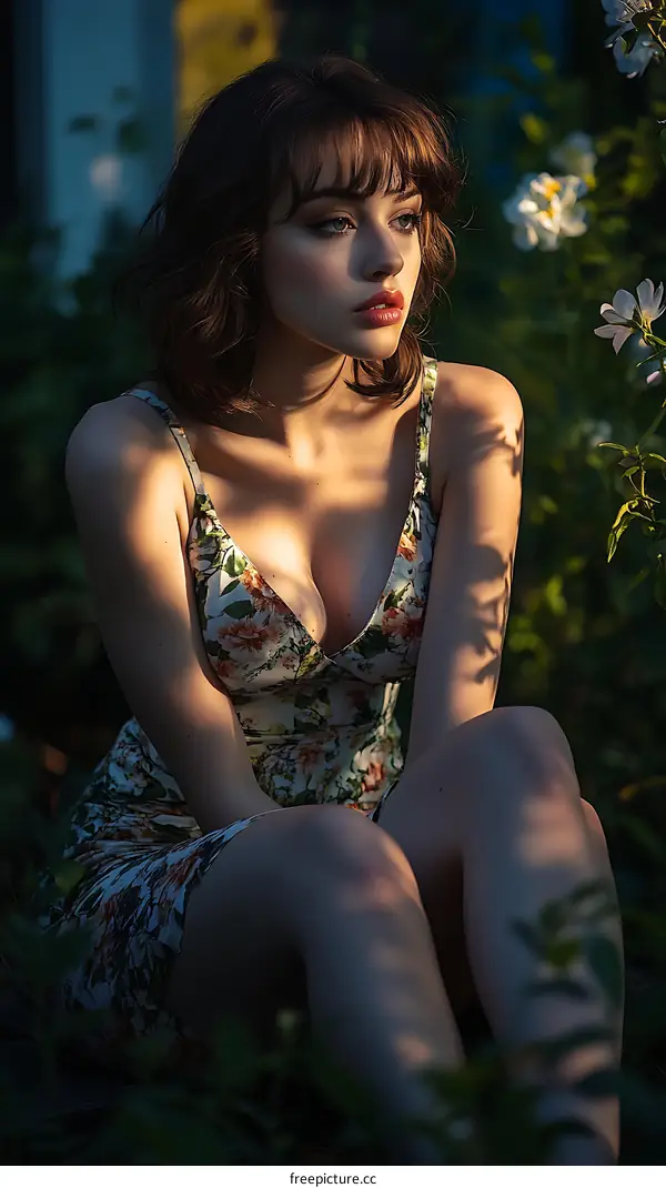 Beautiful Woman in Floral Dress Outdoors