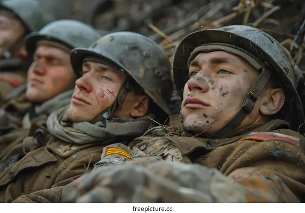 Three soldiers in a trench during World War I
