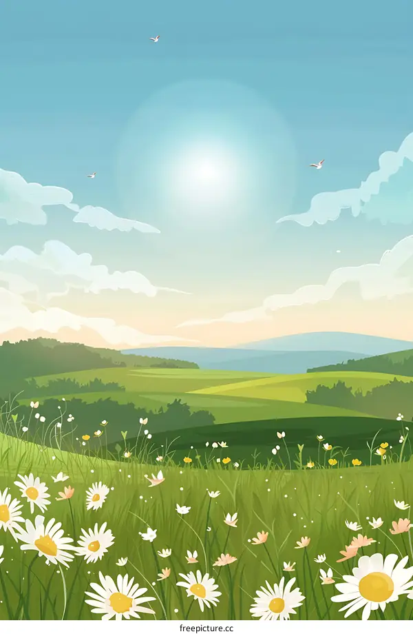 Summer Landscape with Green Grass and White Flowers