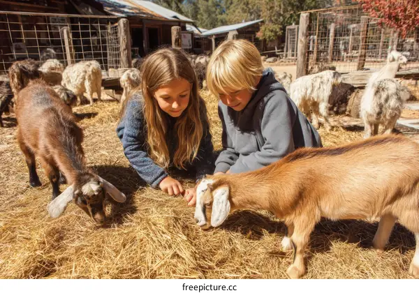 Children Feeding Goats at a Farm