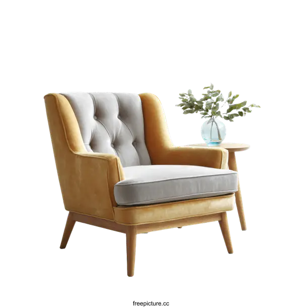 [Transparent Background PNG]Mustard Yellow and Gray Velvet Armchair in Mid-Century Modern Style