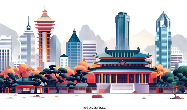 Cityscape Illustration with Traditional Chinese Architecture