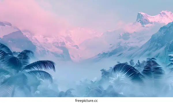 Snowy Mountain Range and Palm Trees Under Fog
