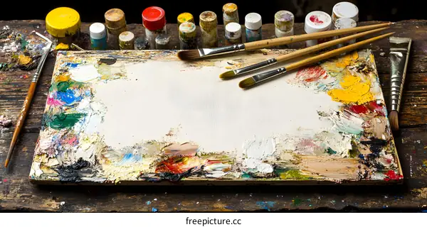 Wooden Palette with Paintbrushes and Paint Tubes