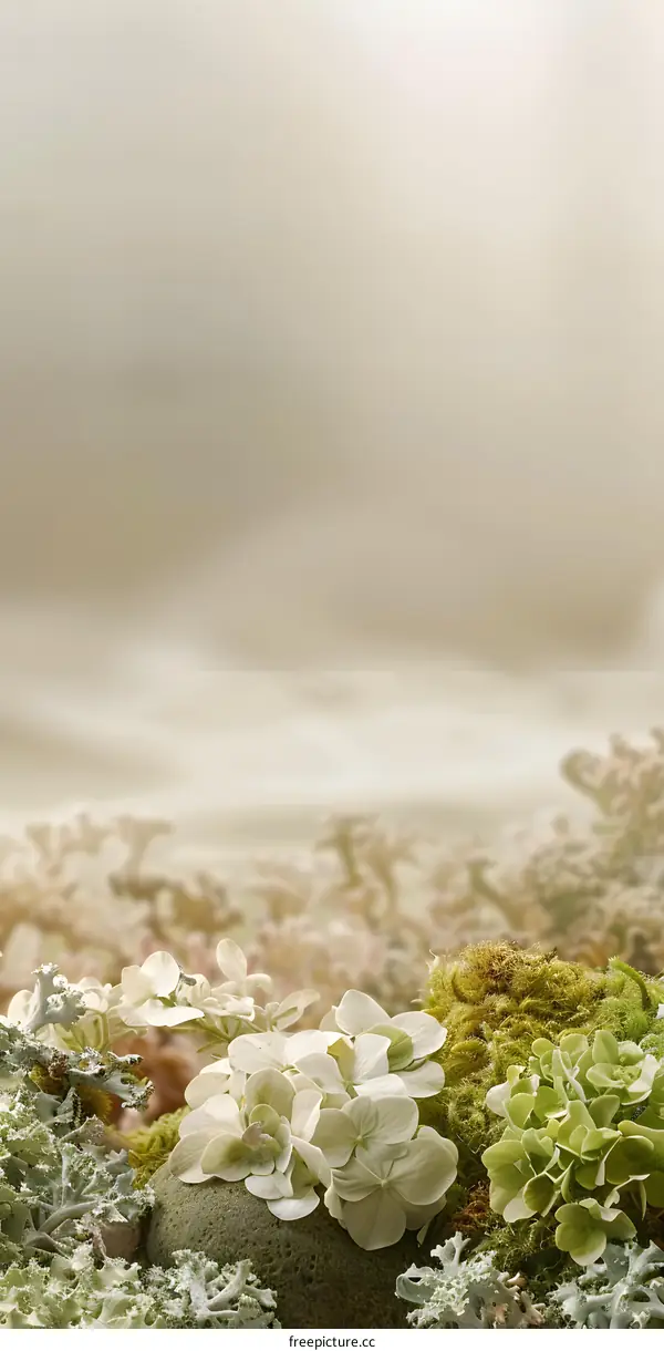 White Flowers and Moss on a Stone in a Foggy Landscape