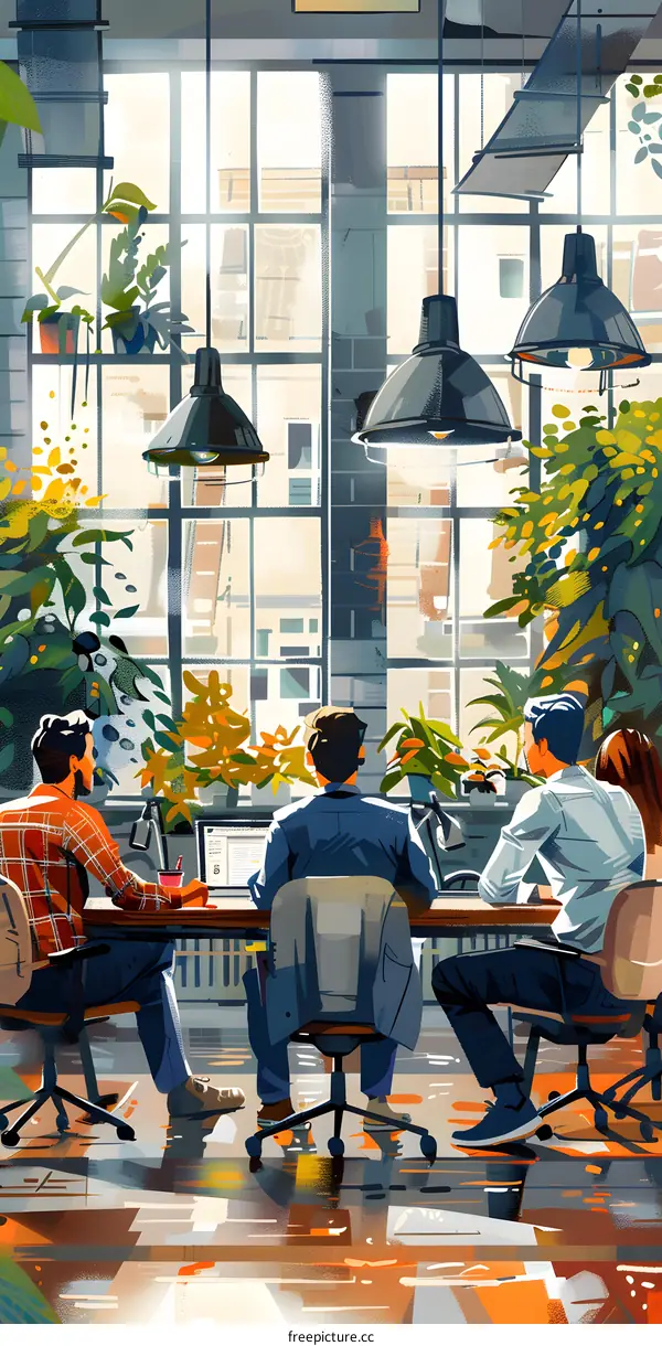 Four people in a room with plants and large windows