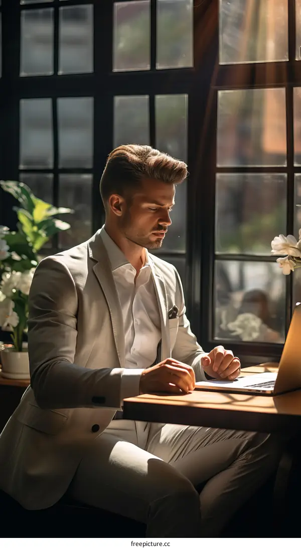 Young professional man in a white suit working on his laptop in a cafe
