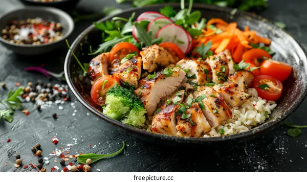 Grilled chicken breast with vegetables and brown rice