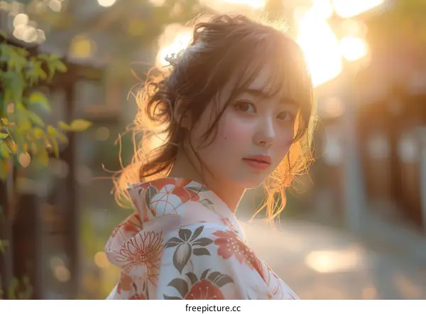 Asian Woman in Traditional Japanese Kimono in Golden Light