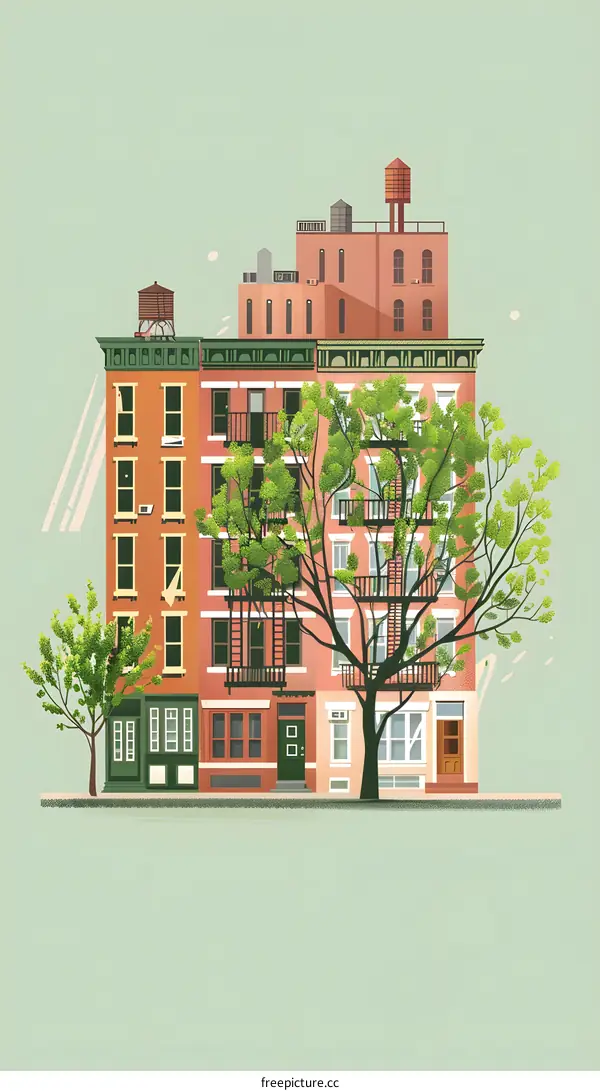 Cityscape Illustration With Green Trees