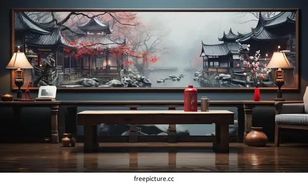 Chinese style architecture painting with cherry blossom