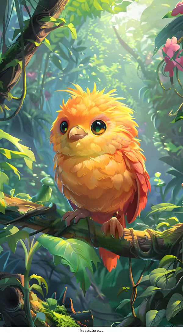 A cute bird with big eyes and colorful feathers is perched on a branch in a lush forest.