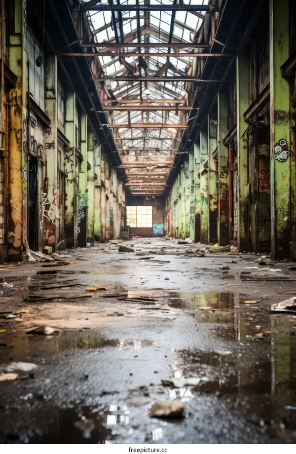 An abandoned factory building with a large hole in the roof